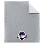 A heather gray blanket with a folded corner showing a white reverse side, featuring a purple and black Storm Hurricanes logo near the bottom center.