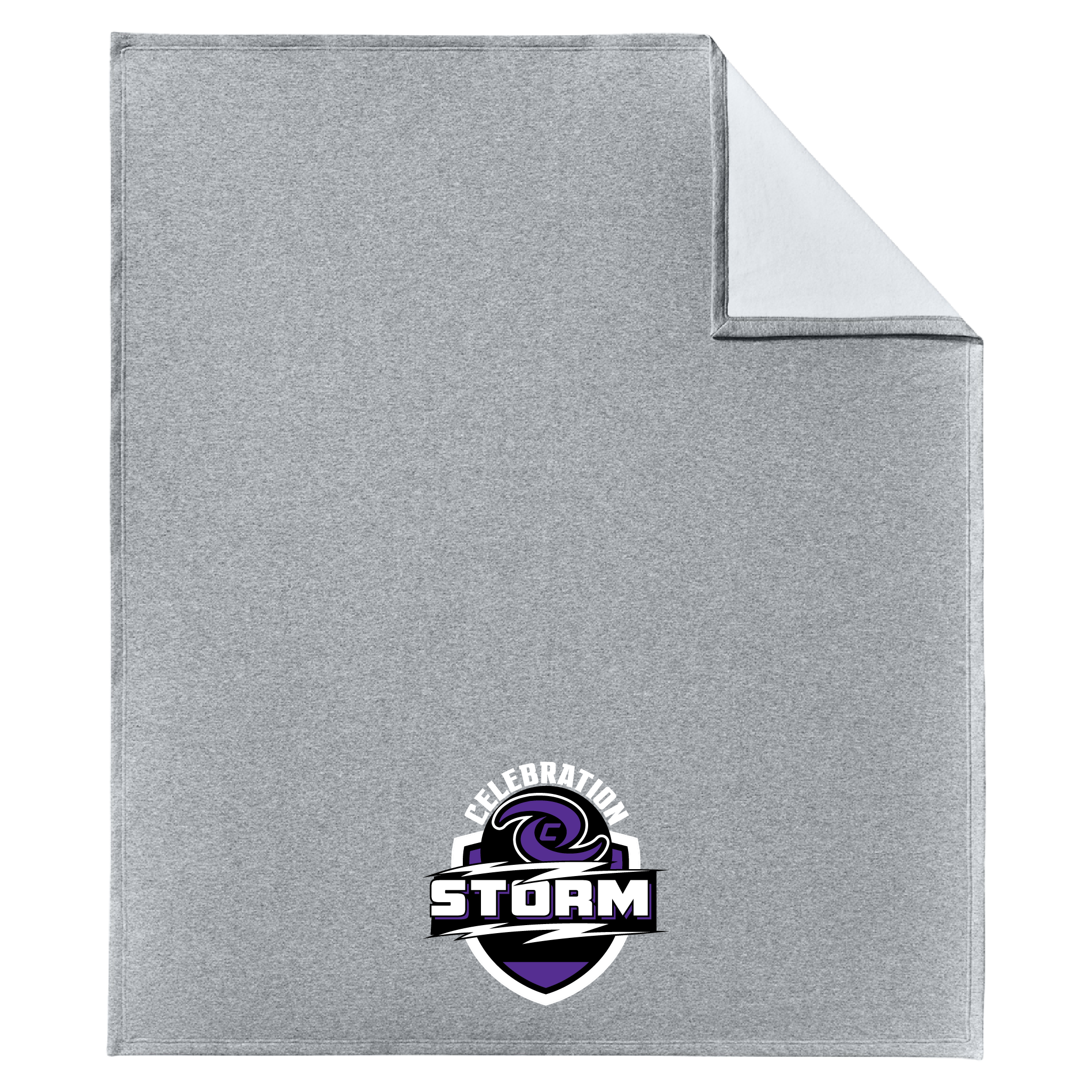 A heather gray blanket with a folded corner showing a white reverse side, featuring a purple and black Storm Hurricanes logo near the bottom center.