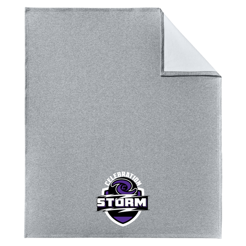A heather gray blanket with a folded corner showing a white reverse side, featuring a purple and black Storm Hurricanes logo near the bottom center.