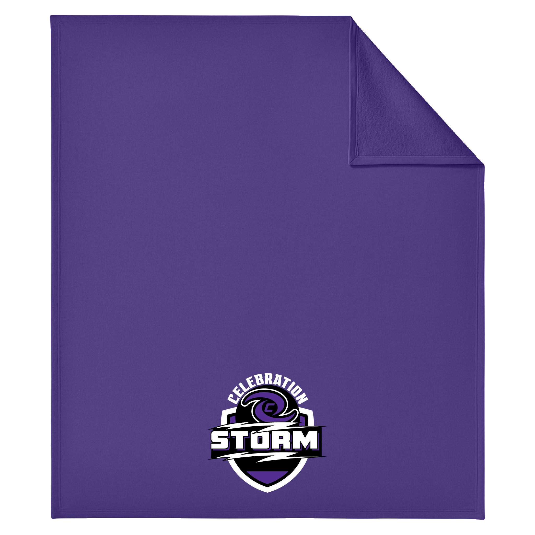 A purple blanket with a folded top-right corner, featuring a 'Celebration Storm' shield logo printed near the bottom center. The logo contains a purple storm cloud graphic with white and black text.