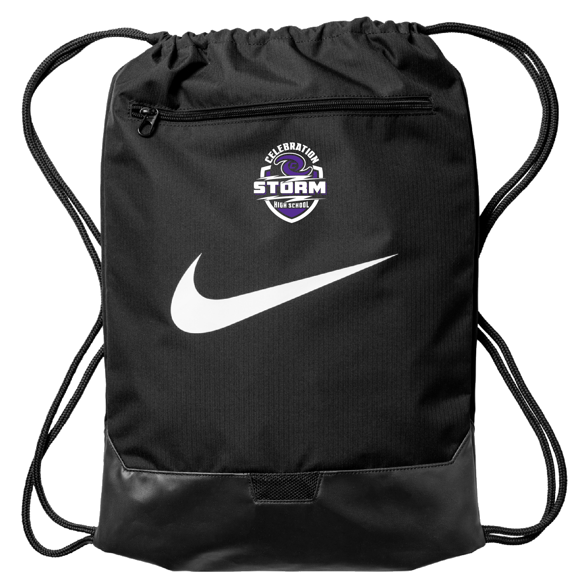 A black Nike drawstring backpack with a front zip pocket, featuring a white Nike swoosh and a Celebration High School logo on the front, set against a plain white background.