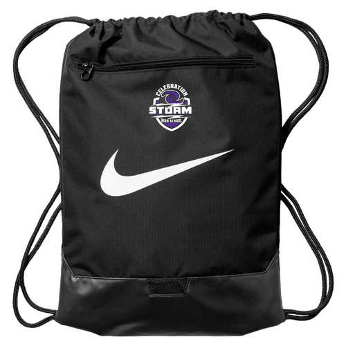 A black Nike drawstring backpack with a front zip pocket, featuring a white Nike swoosh and a Celebration High School logo on the front, set against a plain white background.