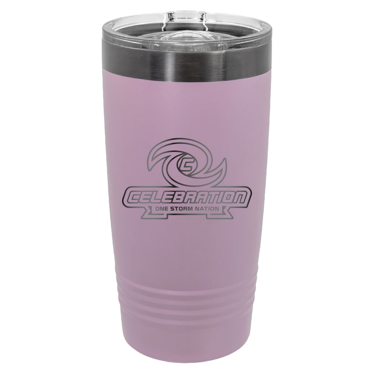 A matte light purple insulated tumbler with a stainless steel rim and clear lid, featuring a silver 'Celebration One Storm Nation' logo on the front, set against a plain white background.