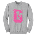 An athletic heather crewneck with a distressed pink block letter 'C' on the chest with 'K-8' printed inside it.