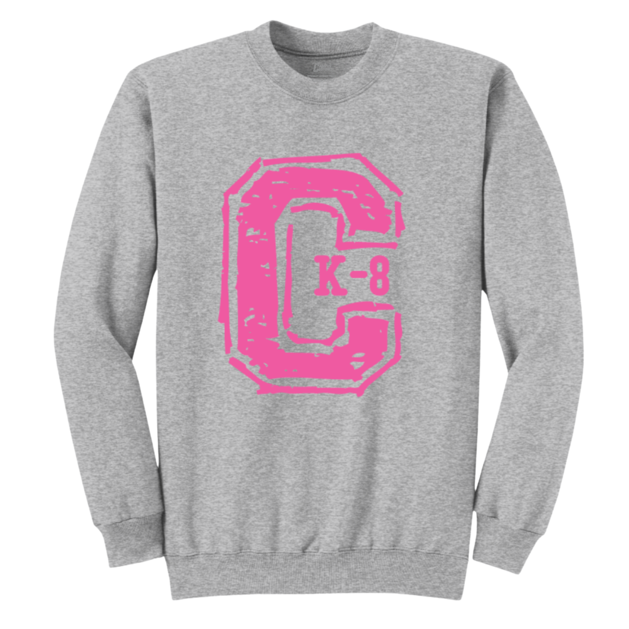 An athletic heather crewneck with a distressed pink block letter 'C' on the chest with 'K-8' printed inside it.