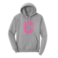 A heather gray pullover hoodie with a distressed pink block letter 'C' on the chest with 'K-8' printed inside it.