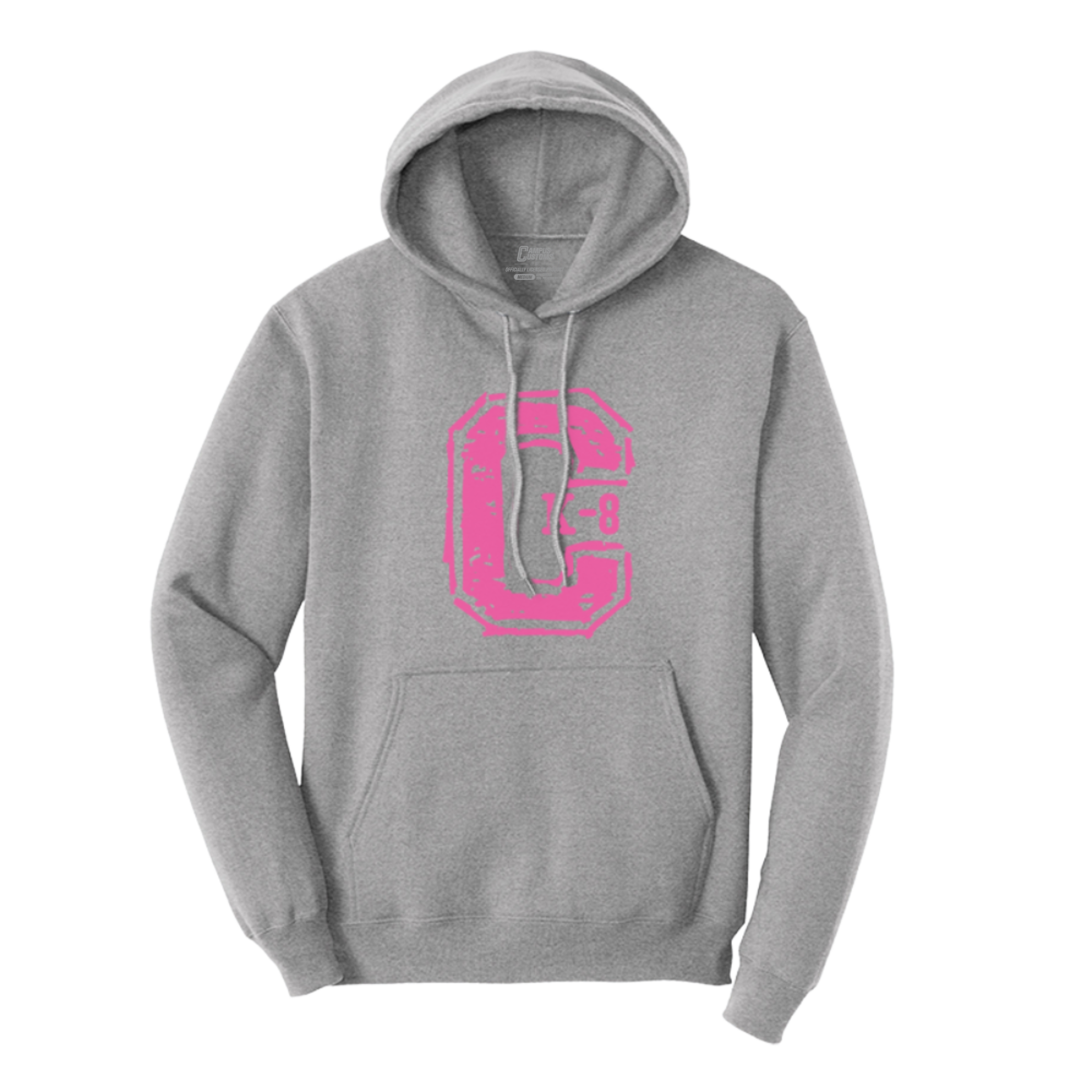 A heather gray pullover hoodie with a distressed pink block letter 'C' on the chest with 'K-8' printed inside it.