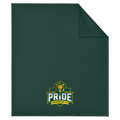 A dark green blanket with a custom printed logo at the bottom center, shown with one corner folded over on a plain white background. The logo features a lion head and the text 'PRIDE CELEBRATION K-8'.