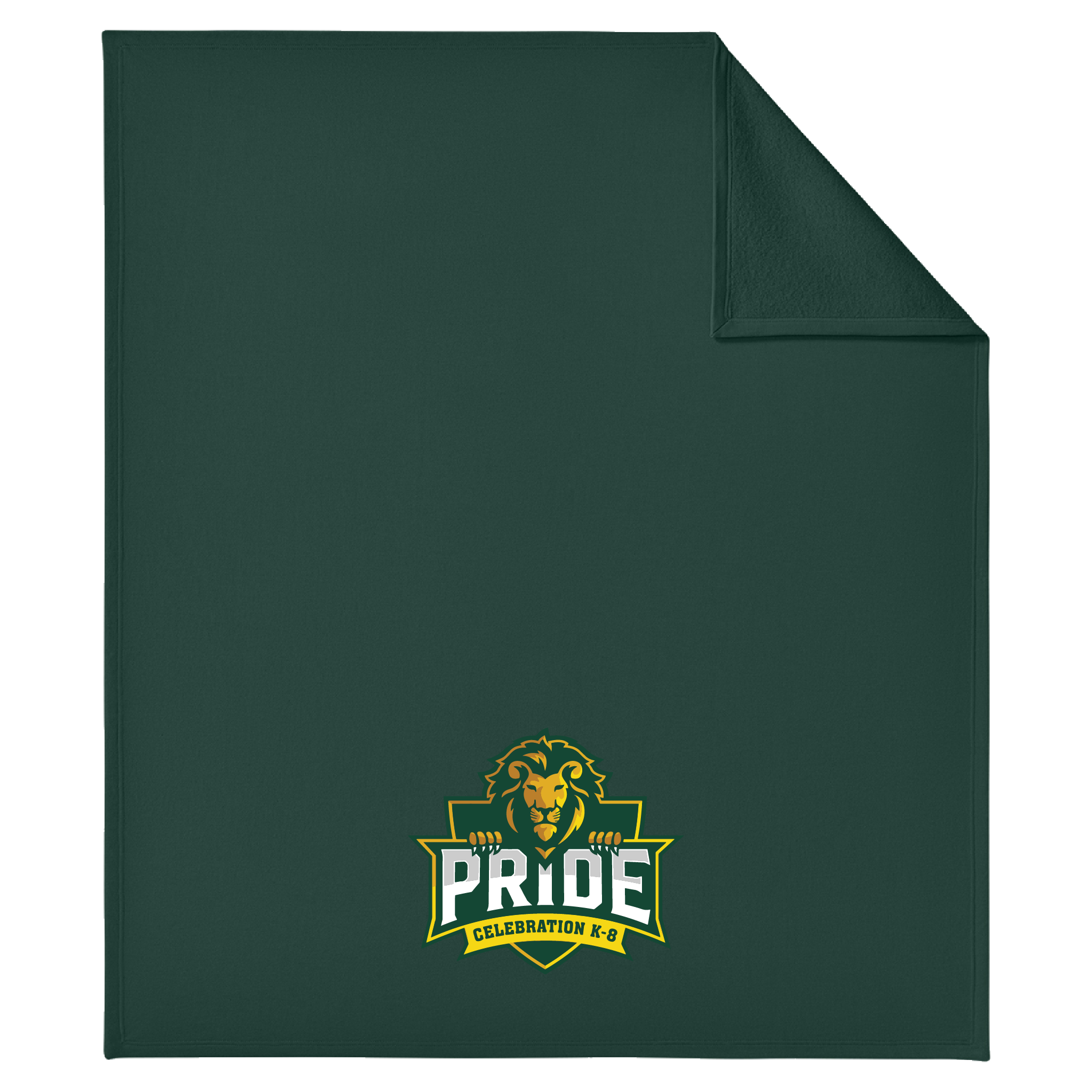 A dark green blanket with a custom printed logo at the bottom center, shown with one corner folded over on a plain white background. The logo features a lion head and the text 'PRIDE CELEBRATION K-8'.