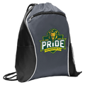 A dark gray and black drawstring backpack with a white piping accent and a large green, yellow, and white 'Pride Celebration K-8' lion logo printed on the front, shown on a plain white background.