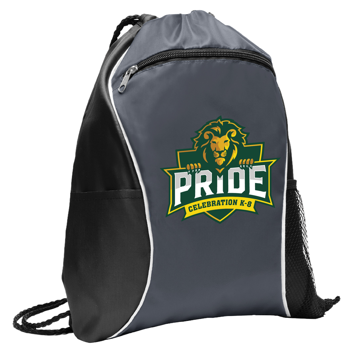 A dark gray and black drawstring backpack with a white piping accent and a large green, yellow, and white 'Pride Celebration K-8' lion logo printed on the front, shown on a plain white background.