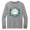 A heather gray long-sleeve t-shirt with a circular green and white graphic on the chest featuring a paw print and the text 'CELEBRATION K-9 PRIDE'.