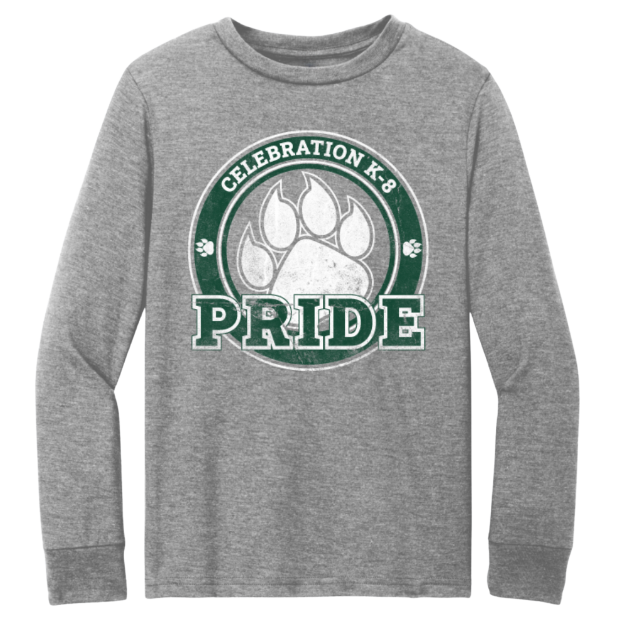 A heather gray long-sleeve t-shirt with a circular green and white graphic on the chest featuring a paw print and the text 'CELEBRATION K-9 PRIDE'.