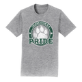 A heather gray short-sleeve t-shirt with a circular graphic on the chest featuring a white paw print, green text reading 'CELEBRATION K-8' and 'PRIDE', and small paw motifs.