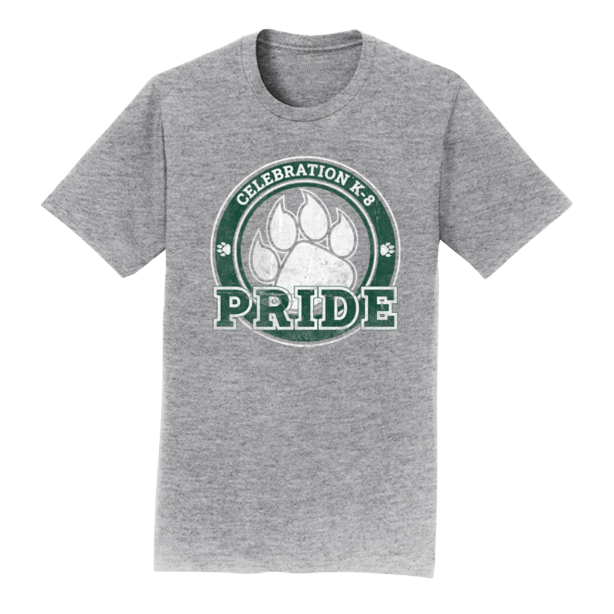 A heather gray short-sleeve t-shirt with a circular graphic on the chest featuring a white paw print, green text reading 'CELEBRATION K-8' and 'PRIDE', and small paw motifs.