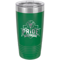 A green insulated tumbler with a clear lid, featuring a silver lion graphic and the word 'PRIDE' with 'CELEBRATION K-8' on the front.