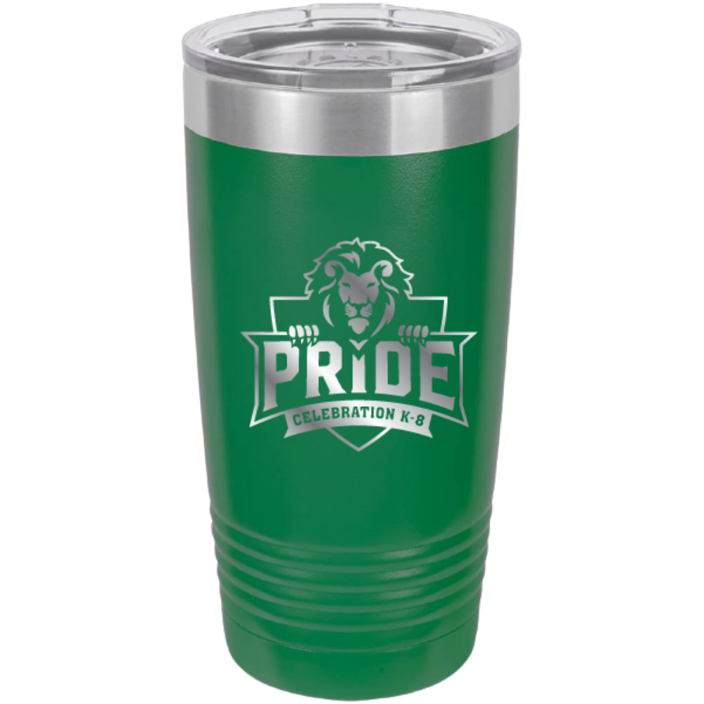 A green insulated tumbler with a clear lid, featuring a silver lion graphic and the word 'PRIDE' with 'CELEBRATION K-8' on the front.