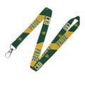 A green and yellow lanyard with diagonal panels featuring the text 'PRIDE' and 'CKB' in green, along with a small bee logo, attached to a silver metal lobster clasp.