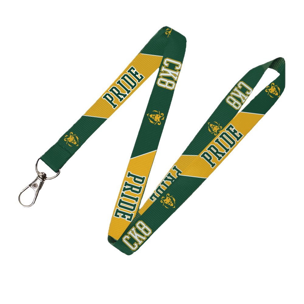 A green and yellow lanyard with diagonal panels featuring the text 'PRIDE' and 'CKB' in green, along with a small bee logo, attached to a silver metal lobster clasp.