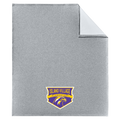 A silver heather throw blanket with a folded corner showing a white reverse side, featuring the Island Village Elementry logo in purple, gold, and white near the bottom.