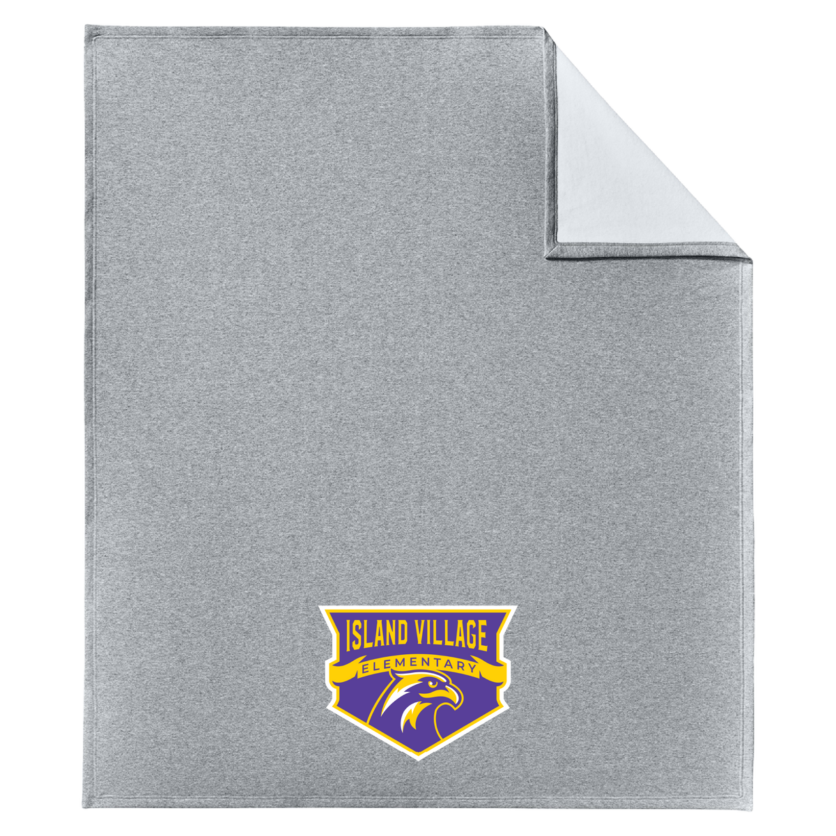 A silver heather throw blanket with a folded corner showing a white reverse side, featuring the Island Village Elementry logo in purple, gold, and white near the bottom.