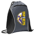 A dark gray and black drawstring backpack with a white zipper trim and a large OSPREYS athletic logo featuring a stylized eagle head in yellow, purple, and white.