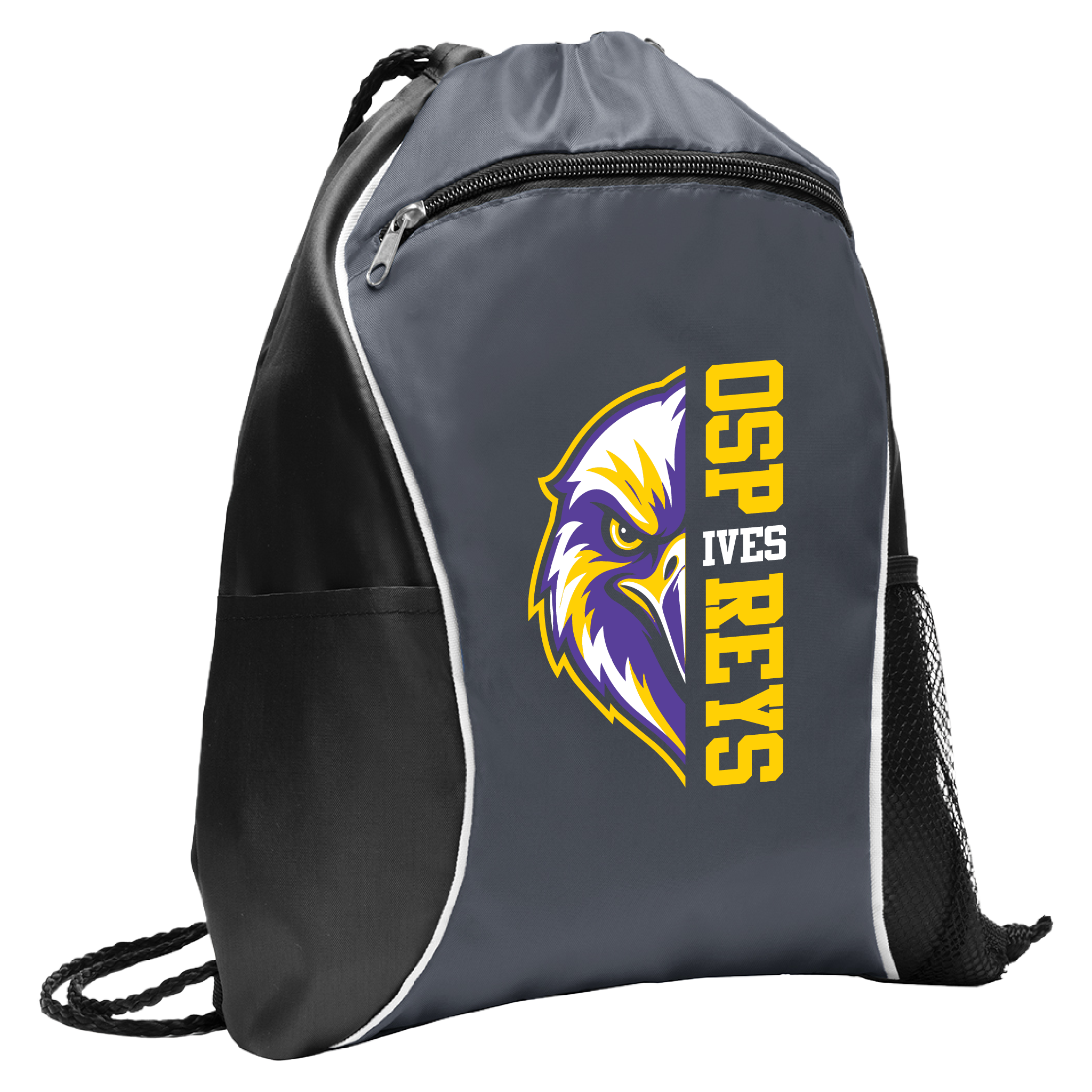 A dark gray and black drawstring backpack with a white zipper trim and a large OSPREYS athletic logo featuring a stylized eagle head in yellow, purple, and white.