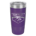 A purple insulated tumbler with a stainless steel lid, featuring a silver graphic of an eagle head and the text 'ISLAND VILLAGE ELEMENTARY' on the front.