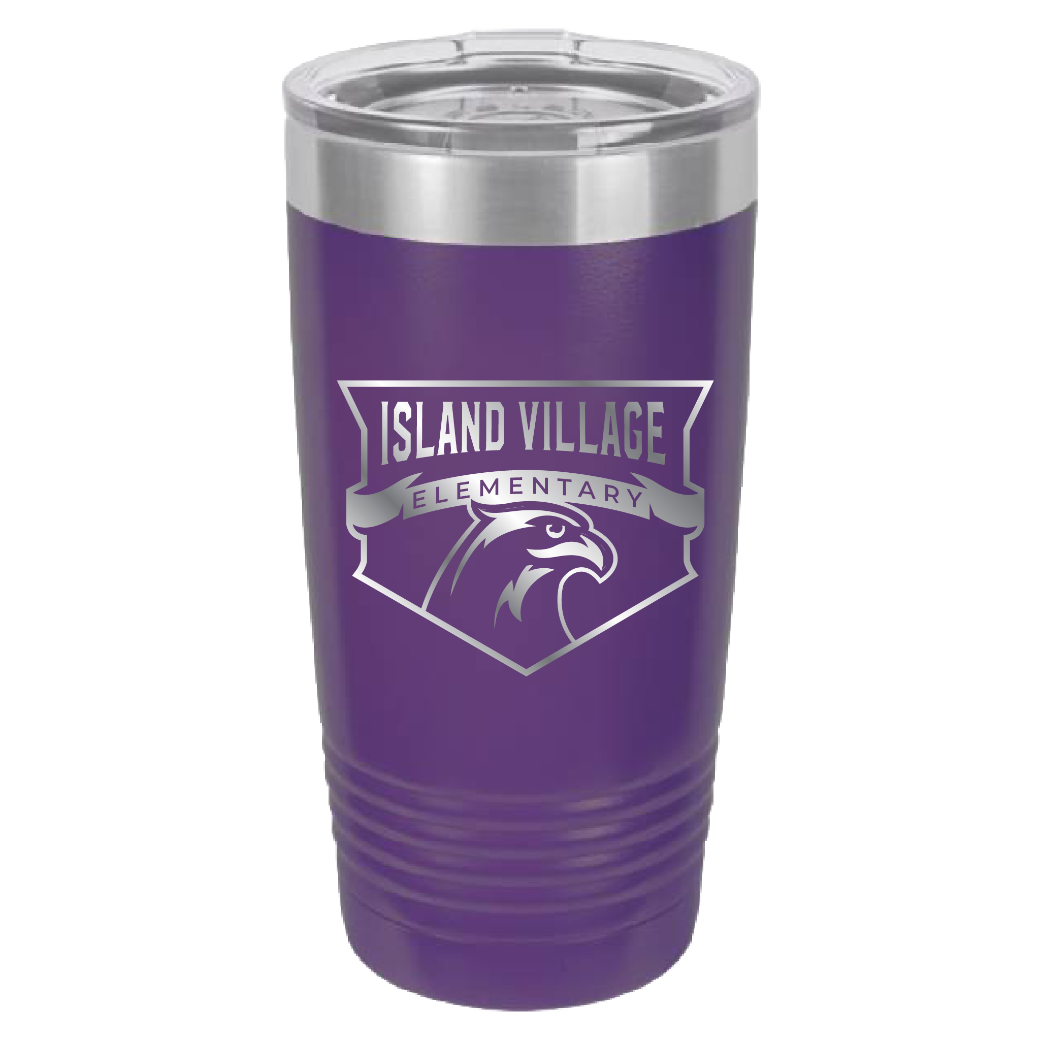 A purple insulated tumbler with a stainless steel lid, featuring a silver graphic of an eagle head and the text 'ISLAND VILLAGE ELEMENTARY' on the front.