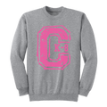 A heather gray crewneck sweatshirt featuring a large, distressed pink block letter 'C' on the chest with 'K-8' printed inside it.