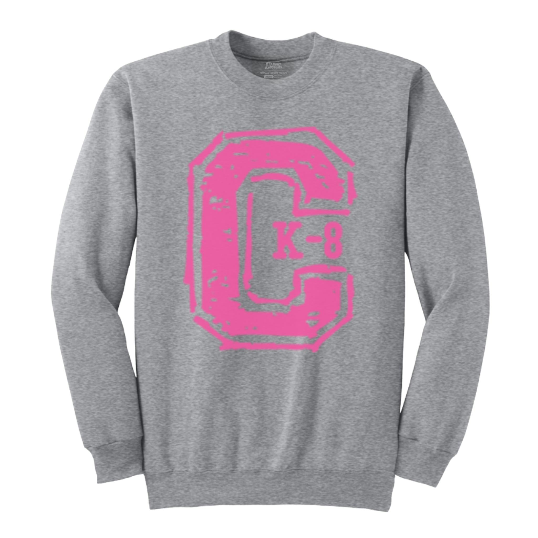 A heather gray crewneck sweatshirt featuring a large, distressed pink block letter 'C' on the chest with 'K-8' printed inside it.