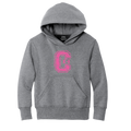 A kids' heather gray pullover hoodie with a distressed pink block letter 'C' on the chest with 'K-8' printed inside it.