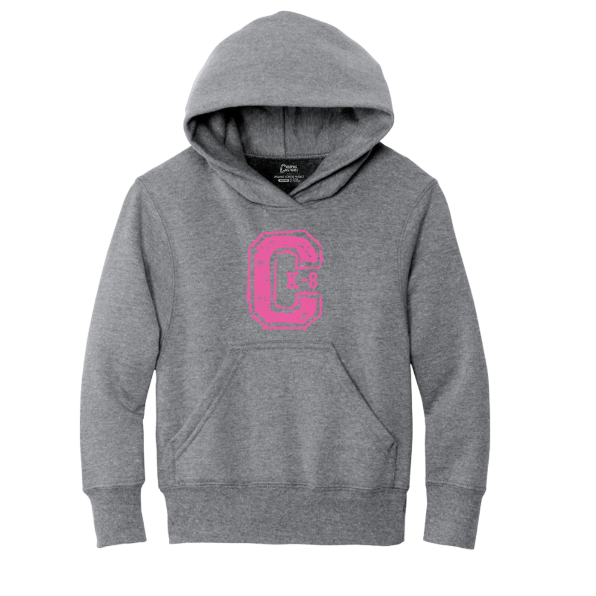A kids' heather gray pullover hoodie with a distressed pink block letter 'C' on the chest with 'K-8' printed inside it.