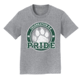 A heather gray short-sleeve t-shirt with a circular graphic on the chest featuring a white paw print, green text reading 'CELEBRATION K-8' and 'PRIDE', and small paw motifs.