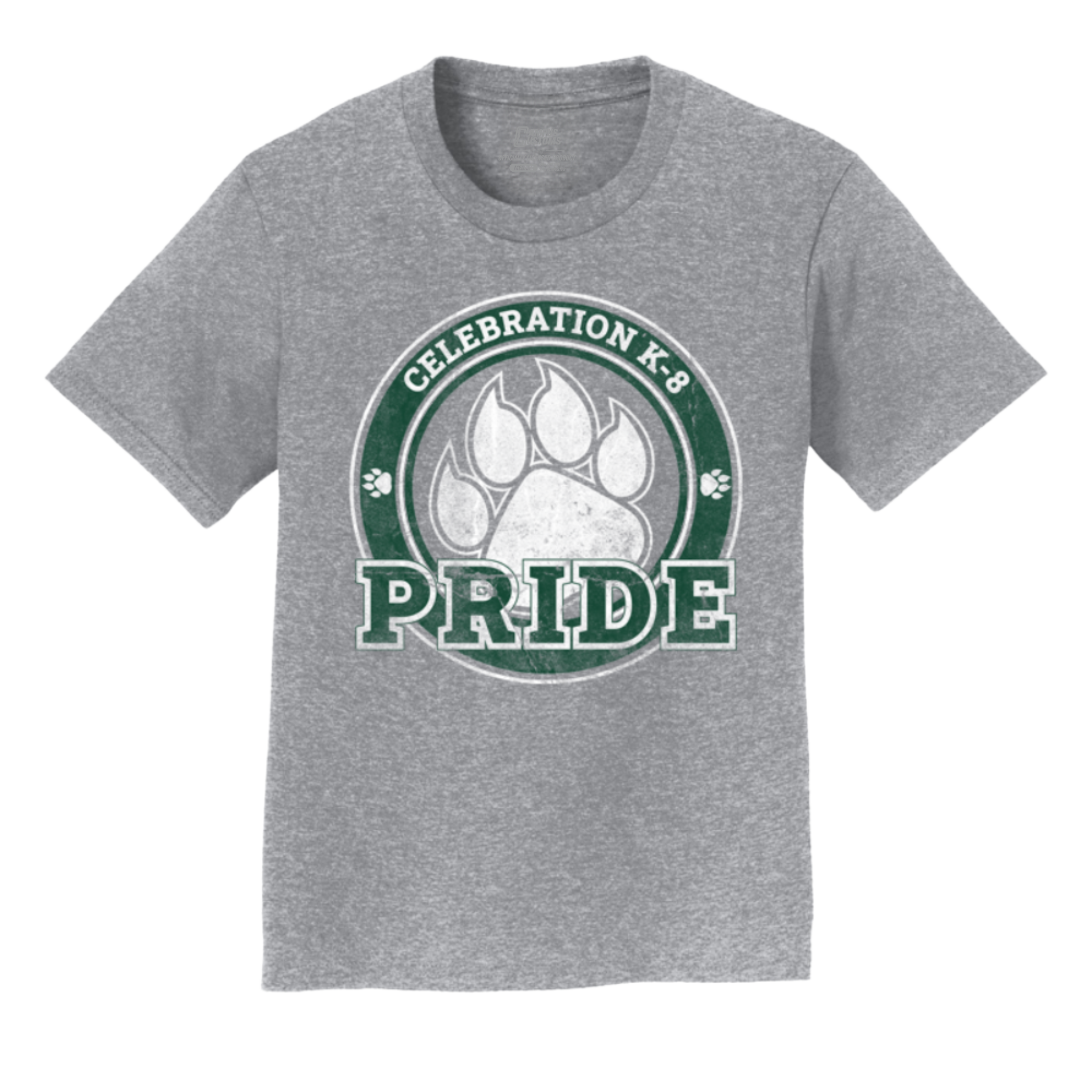 A heather gray short-sleeve t-shirt with a circular graphic on the chest featuring a white paw print, green text reading 'CELEBRATION K-8' and 'PRIDE', and small paw motifs.